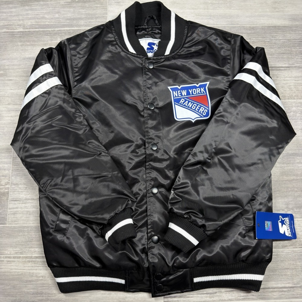 STARTER Youth Medium (10-14) New York Rangers NHL Satin Varsity Jacket Snap Blck